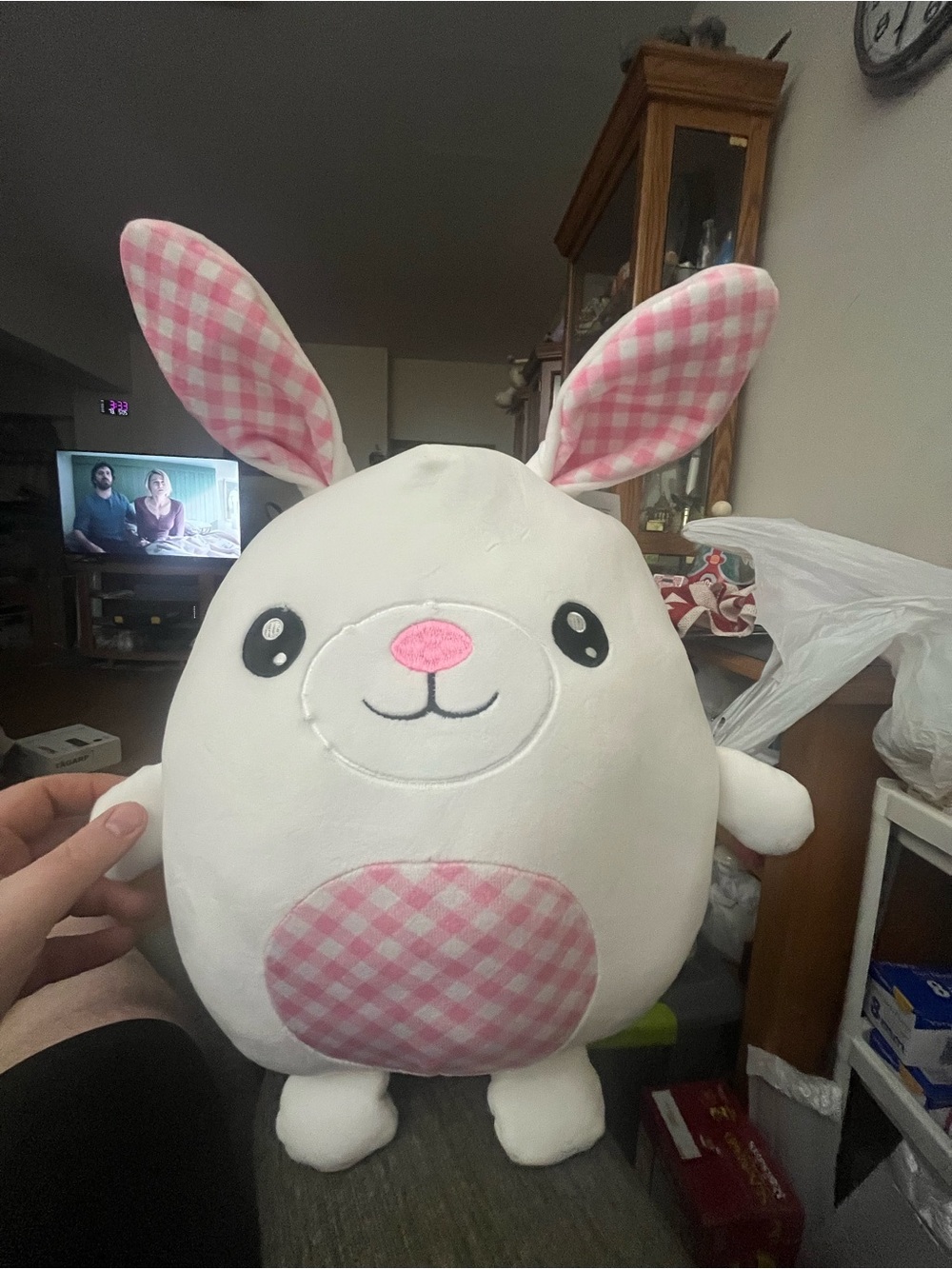 Plush Bunny Pillow with Pink Gingham Accents